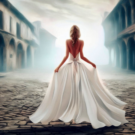 Stunning woman a beautiful white dress, fashion model in the middle of an empty old town square, view from the back, generative AI illustrationの素材