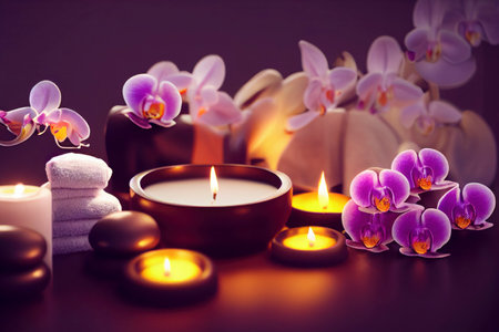 Beauty treatment items for spa procedures on a wooden table. massage stones, essential oils and salt scrub, generative aiの素材