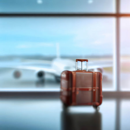 Suitcases with luggage at airport, floor to ceiling glass window, overlooking a plane parked on the runway, generative AIの素材