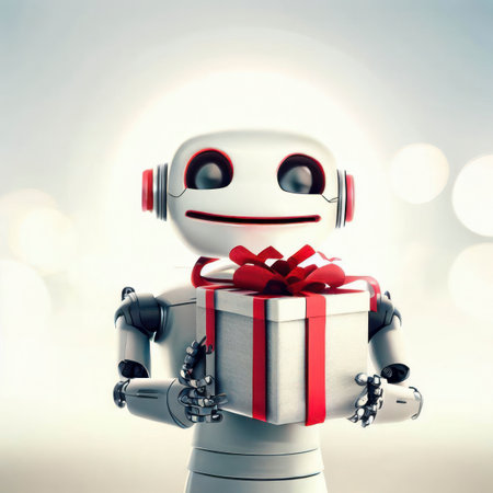 Smiling robot holding a present box with red ribbon on a light and airy background, generative AI illustrationの素材