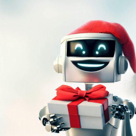 Smiling robot holding a present box with red ribbon on a light and airy background, generative AI illustrationの素材