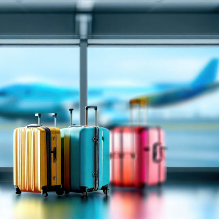 Colorful suitcases with luggage at airport, floor to ceiling glass window, overlooking a plane parked on the runway, generative AIの素材