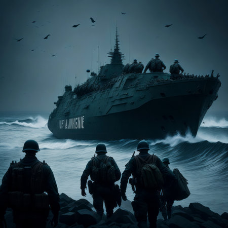 D-Day, Allied troops landing in Normandy, artistic image commemorating operation Neptune which began the liberation of France in World War II, generative AIの素材
