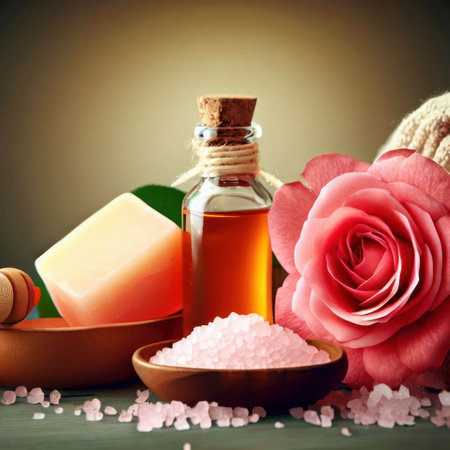 Beauty treatment items for spa procedures on a wooden table. massage stones, essential oils and salt scrub, generative aiの素材