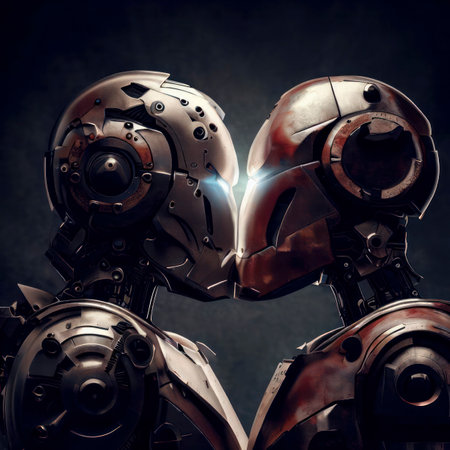 Metal robots kissing on a dark background, illustration generative AIの素材