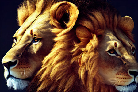Two adult male lion with a big mane close up portrait on dark background, generative AIの素材