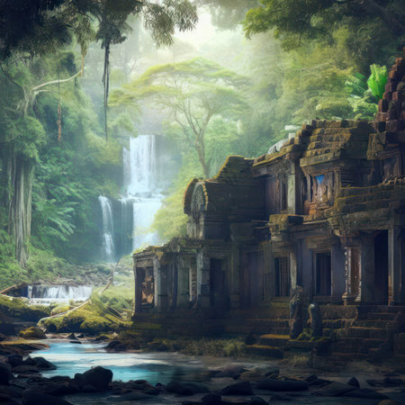 Temple ruins in the jungle, a stone building covered with old moss and a waterfall in a deep green forest, generative AIの素材
