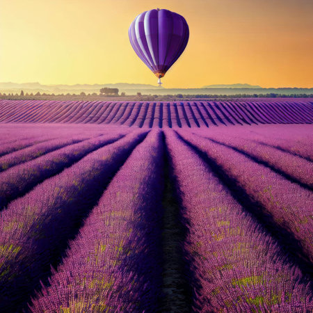 Purple lavender fields in bloom with hot air balloons in the background, leading lines, generative aiの素材