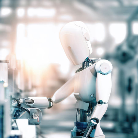 Humanoid robot working in a warehouse, photorealistic generative AI illustrationの素材