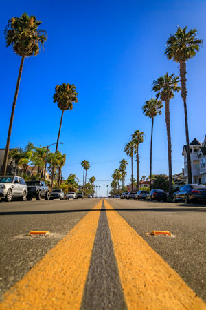 A street lined with palm trees, leading to the Pacific Ocean in Huntington Beach, Orange County,...