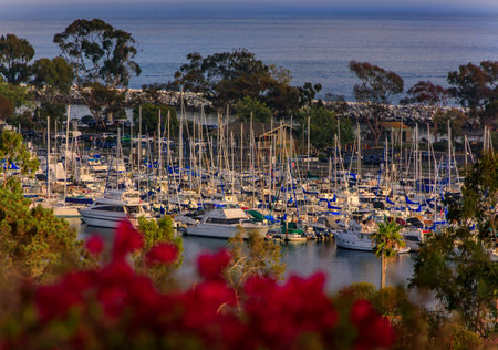 Sunset over luxury yachts and boats in Dana Point harbor, Orange county in Southern California
