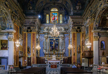 Nice, France - May 28, 2023: 17th century Eglise Saint Jacques le Majeur church ornate interior richly adorned with frescoes, cherubs and statuesのeditorial素材