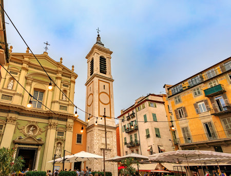 Nice, France - May 28, 2023: View onto Sainte Reparate Cathedral Basilique on famous Place Rossetti in Nice, French Rivieraのeditorial素材