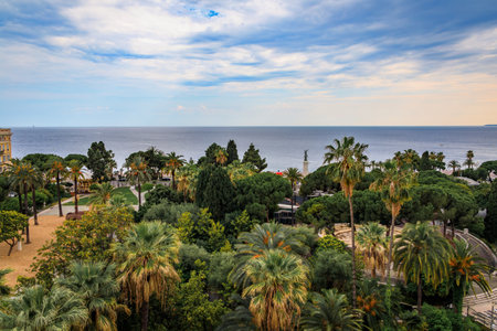 Aerial view of Jardin Albert 1 public garden with the Mediterranean Sea in the background at sunset in Nice, French Riviera, South of Franceの写真素材
