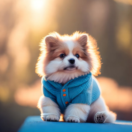 A cozy and cute fluffy puppy wearing a warm knit blue sweater, surrounded by natural light with a simple background, bokeh, generative AIの素材