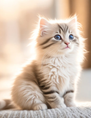 A cozy and cute fluffy gray striped kitten sitting on a warm knit blanket, surrounded by natural light with a simple bokeh background, generative AIの素材