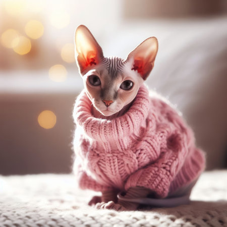 A cozy and cute cute regal sphynx cat wearing a warm knit pink sweater, surrounded by natural light with a simple bokeh background, generative AIの素材