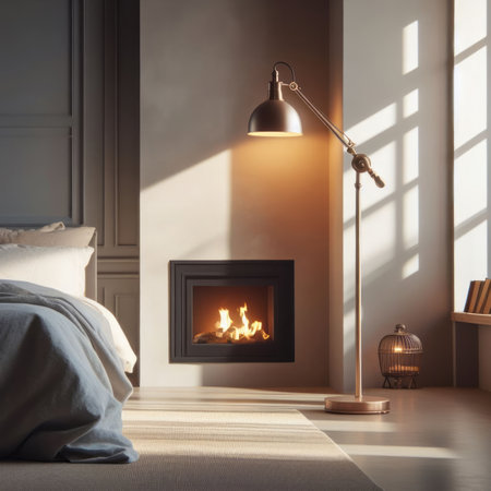 Interior of stylish light bedroom with modern lamp and fireplace, natural light, simple background, bokeh, generative aiの素材