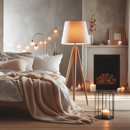 Interior of stylish light bedroom with modern lamp and fireplace, natural light, simple background, bokeh, generative aiの素材