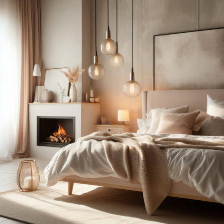 Interior of stylish light bedroom with modern lamp and fireplace, natural light, simple background, bokeh, generative aiの素材