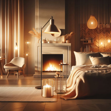 Interior of stylish light bedroom with modern lamp and fireplace in the evening, natural light, simple background, bokeh, generative aiの素材