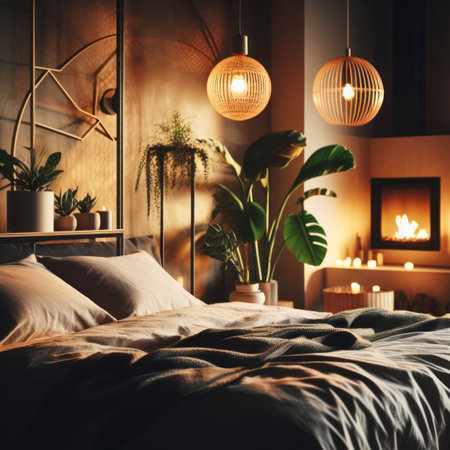 Interior of stylish light bedroom with modern lamp and fireplace in the evening, natural light, simple background, bokeh, generative aiの素材