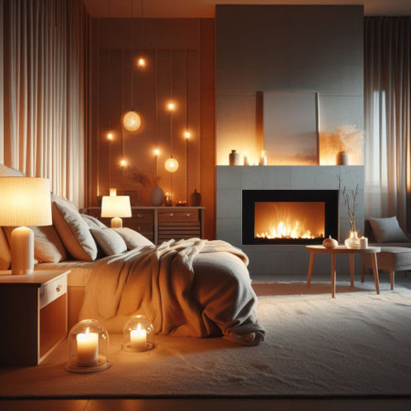 Interior of stylish light bedroom with modern lamp and fireplace in the evening, natural light, simple background, bokeh, generative aiの素材
