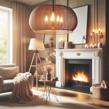 Interior of stylish dark living room with a modern lamp and fireplace, natural light, simple background, bokeh, generative aiの素材