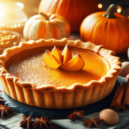 Sweet Homemade Thanksgiving pumpkin pie, traditional fall recipe idea, food photography and illustration, generative aiの素材