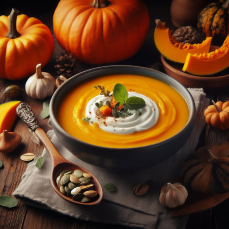 Pumpkin soup, traditional fall meal recipe idea, food photography and illustration, generative aiの素材