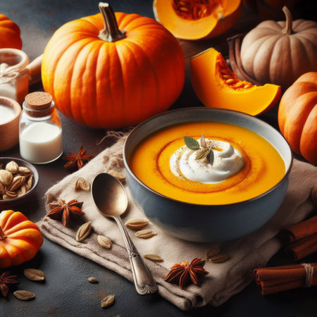 Pumpkin soup, traditional fall meal recipe idea, food photography and illustration, generative aiの素材