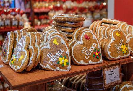 Strasbourg, France - May 31, 2023: Traditional artisanal handmade gingerbread cookies on display at a store in old town on Grande Ile, historic centerのeditorial素材
