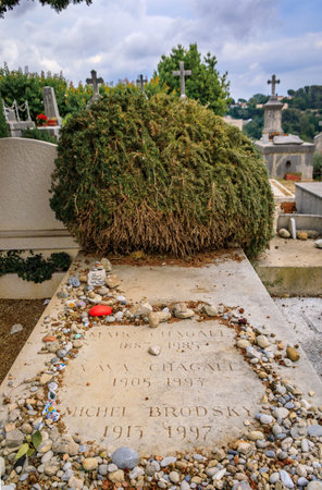 Saint Paul de Vence, France - May 24, 2023: Tomb of the famous Russian French artist Marc Chagall, buried in the South of France at a village cemeteryのeditorial素材