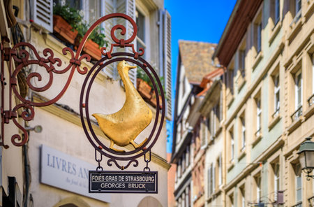 Strasbourg, France - May 31 2023: Ornate sign of a duck on Georges Bruck a foie gras purveyor store in a traditional half timbered house in Carre d'Orのeditorial素材