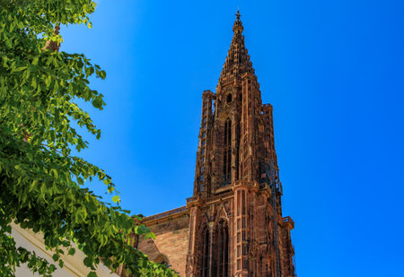 Grande Ile city skyline through a window, tiled roofs and spires of Notre Dame Cathedral and Eglise du Temple Neuf church, Strasbourg, Alsace, Franceの写真素材