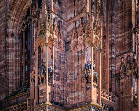 Ornate Gothic facade of the Notre Dame Cathedral in Strasbourg, Alsace, France, one of the most beautiful Gothic cathedrals in Europeの写真素材