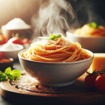 Bowls of steaming Italian spaghetti on the table, traditional family meal recipe idea, simple background, shaved parmesan on top, bokeh, generative aiの素材