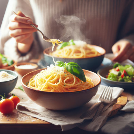 Bowls of steaming Italian spaghetti on the table, traditional family meal recipe idea, simple background, shaved parmesan on top, bokeh, generative aiの素材