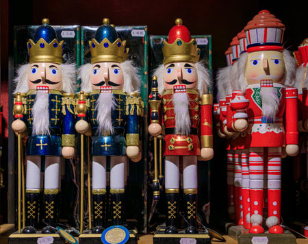 Colmar, France - June 5, 2023: Colorful Christmas ornaments, nutcracker toys for sale at a souvenir shop in the old townのeditorial素材