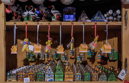 Strasbourg, France - June 3, 2023: Display full of colorful Christmas ornaments and toys for sale at a souvenir shop in the old townのeditorial素材