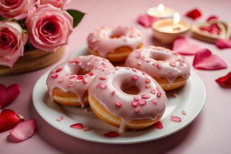 Donuts with pink glaze and rose petals for Valentine's Day, Mothers Day or Birthday, generative aiの素材