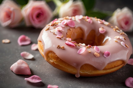 Donuts with pink glaze and rose petals for Valentine's Day, Mothers Day or Birthday, generative aiの素材