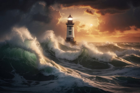 Waves hitting a lighthouse at sunset, seascape with a gloomy sky, dramatic lighting, generative AIの素材