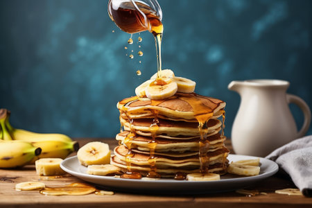 Maple syrup dripping onto a stack of banana pancakes, traditional breakfast or brunch, food photography, generative aiの素材