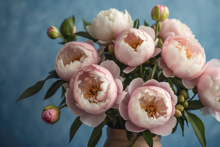 Bouquet of pastel pink spring flowers peonies against a blue background, wedding, Easter, Mother's day, vintage style, generative aiの素材