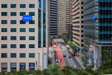 San Francisco, USA - September 9, 2022: Skyscrapers and cars on a city street in the SOMA...