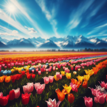 A field of bright tulips in different colors under a bright blue sky on a sunny day, generative aiの素材