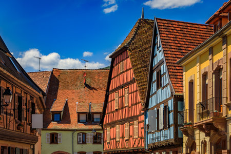 Traditional half timbered houses and grapevines in a vineyard on a hill in a popular village on the Alsatian Wine Route in Kientzheim, Franceの写真素材