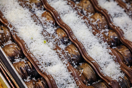 Traditional Turkish dessert, fresh chocolate covered baklava with shaved coconut at a local pastry...
