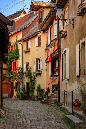 Ornate traditional half timbered houses with blooming flowers in a popular village on the Alsatian Wine Route in Eguisheim, Franceの写真素材